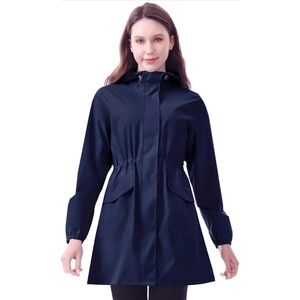 iCreek Navy Blue Long Rain Jacket Waterproof Lightweight Packable Raincoat XL